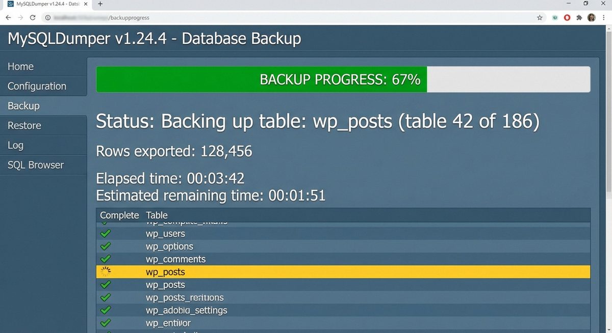 MySQLDumper Backup-Fortschritt — Statusanzeige mit Tabelle, Zeilen und Restzeit