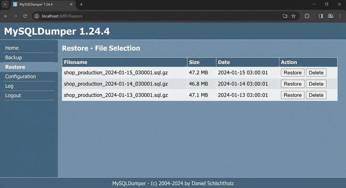 MySQLDumper Restore — Verfügbare Backup-Dateien auswählen und wiederherstellen